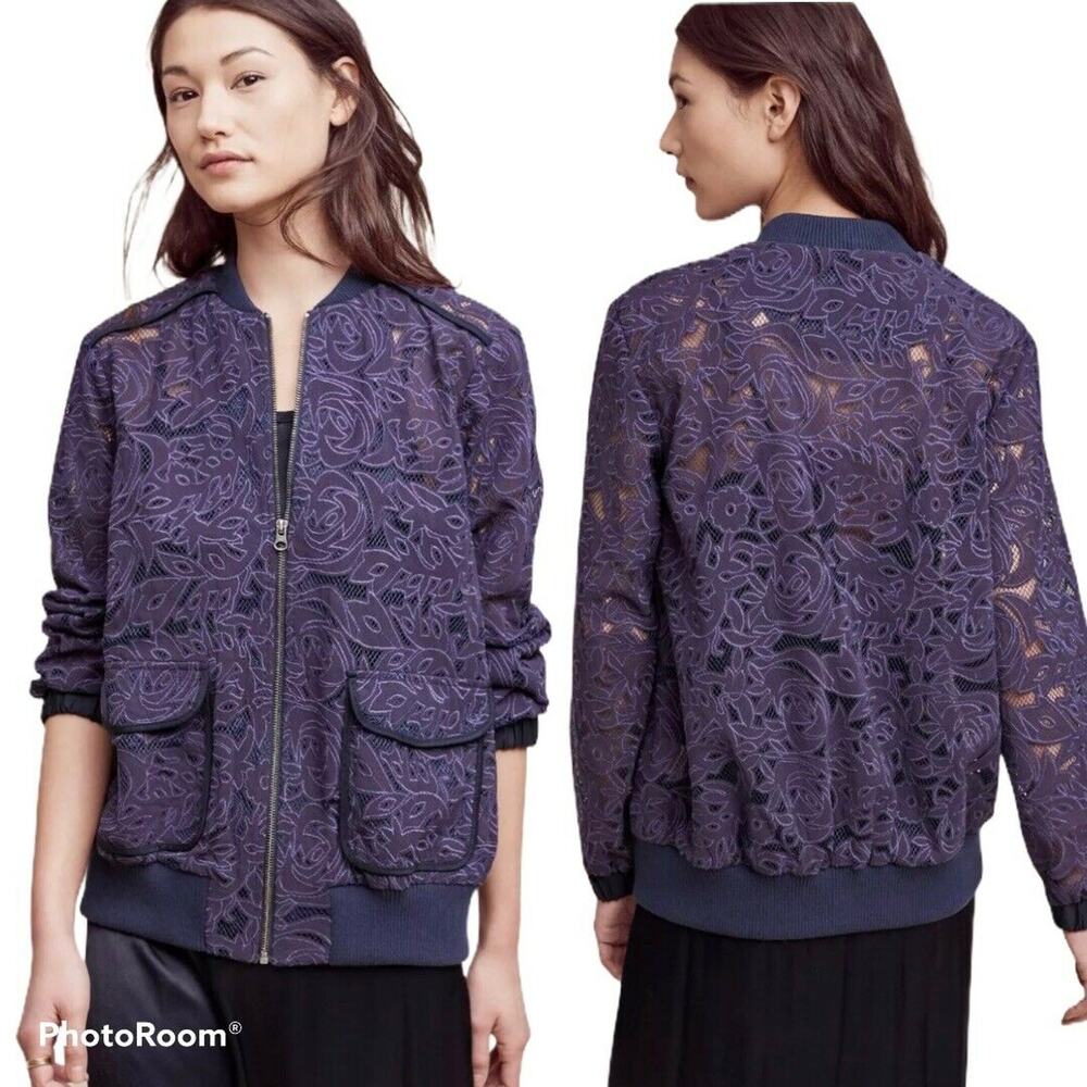 Anthropologie Elevenses Blue Semi-Sheer Miranda Lace Bomber Womens Size L